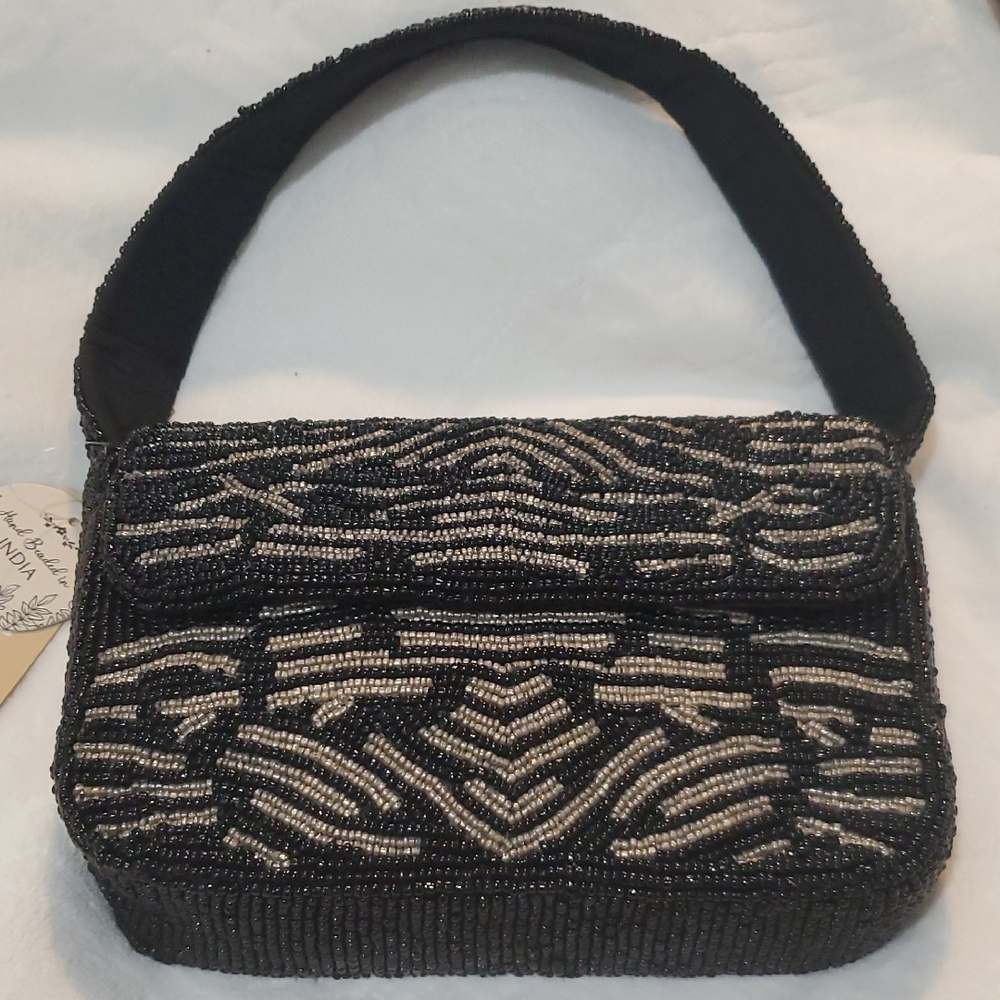 Hand-Beaded Black & Silver Evening Clutch